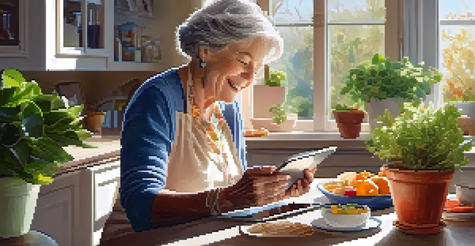 A senior woman happily using a tablet in a bright kitchen, video calling her family with healthy snacks around her.