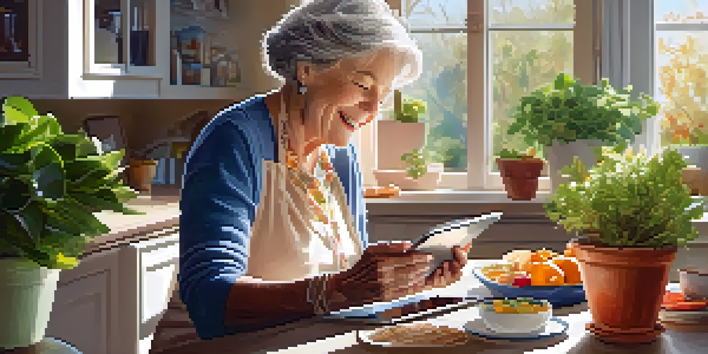 A senior woman happily using a tablet in a bright kitchen, video calling her family with healthy snacks around her.