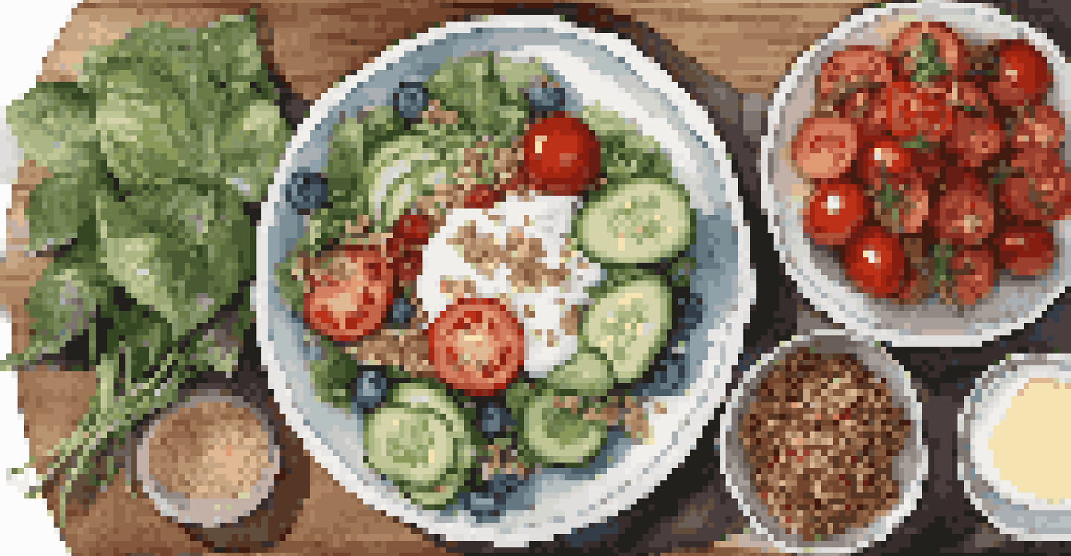 An overhead shot of a colorful healthy salad with yogurt and nuts on a wooden table, illuminated by natural light.