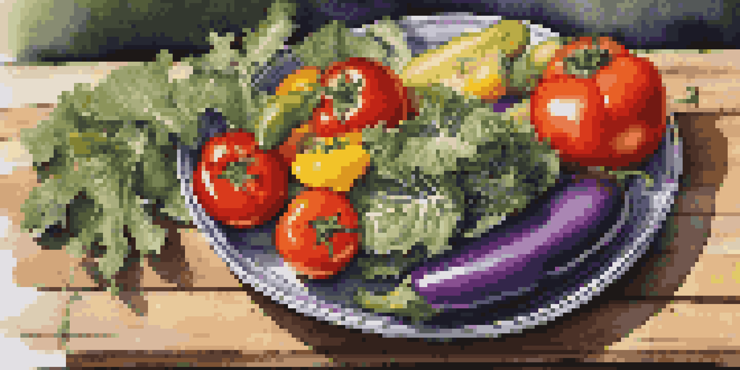 A colorful plate featuring an assortment of fresh plant-based foods like leafy greens, tomatoes, bell peppers, and eggplants, arranged on a wooden table with soft lighting.