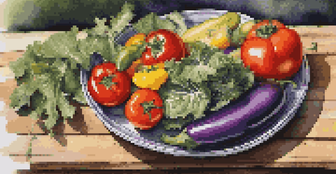 A colorful plate featuring an assortment of fresh plant-based foods like leafy greens, tomatoes, bell peppers, and eggplants, arranged on a wooden table with soft lighting.