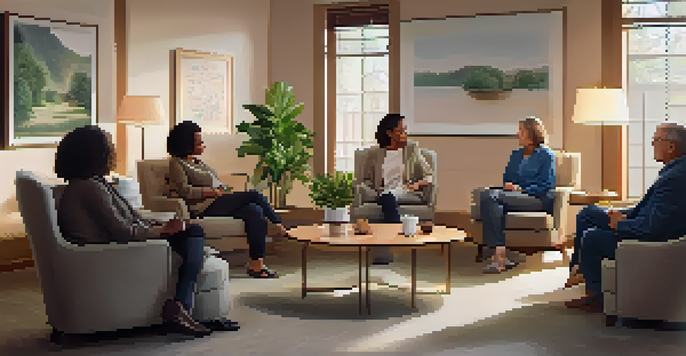 A cozy support group meeting with diverse individuals sitting in a circle, engaged in conversation in a warmly lit room.