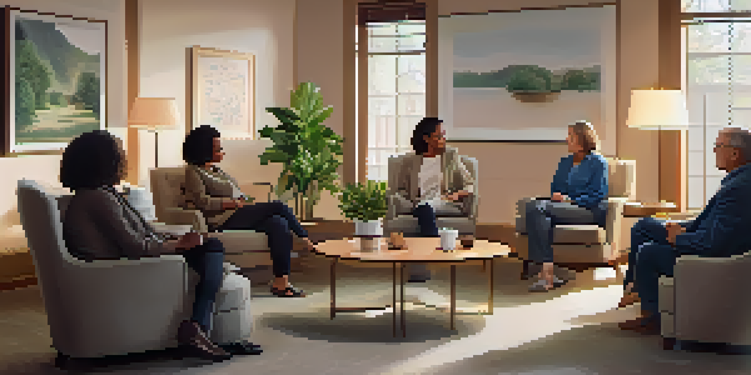 A cozy support group meeting with diverse individuals sitting in a circle, engaged in conversation in a warmly lit room.