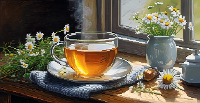 A cup of chamomile tea on a wooden table, surrounded by chamomile flowers and honey, with soft natural light illuminating the scene.
