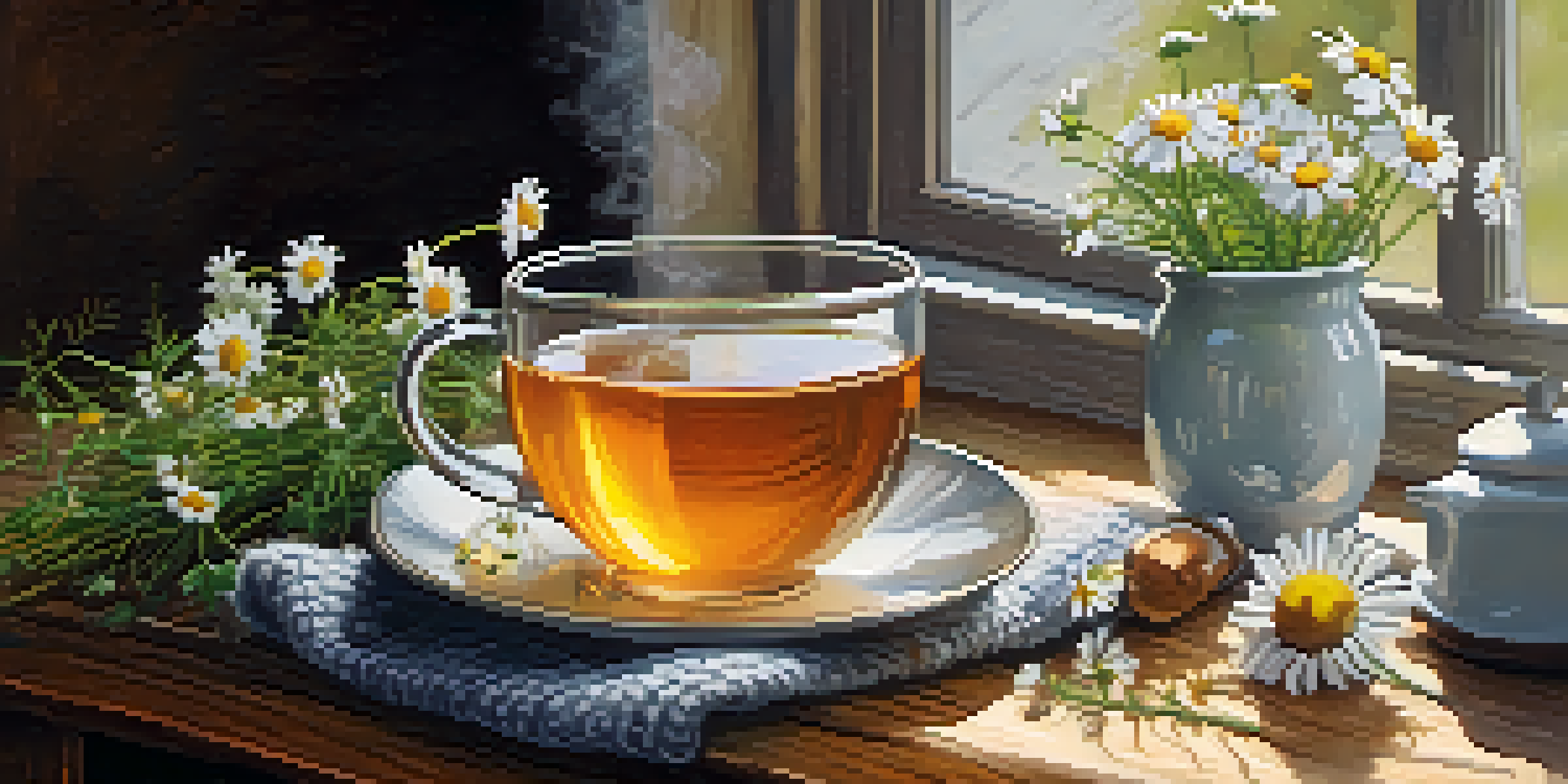 A cup of chamomile tea on a wooden table, surrounded by chamomile flowers and honey, with soft natural light illuminating the scene.
