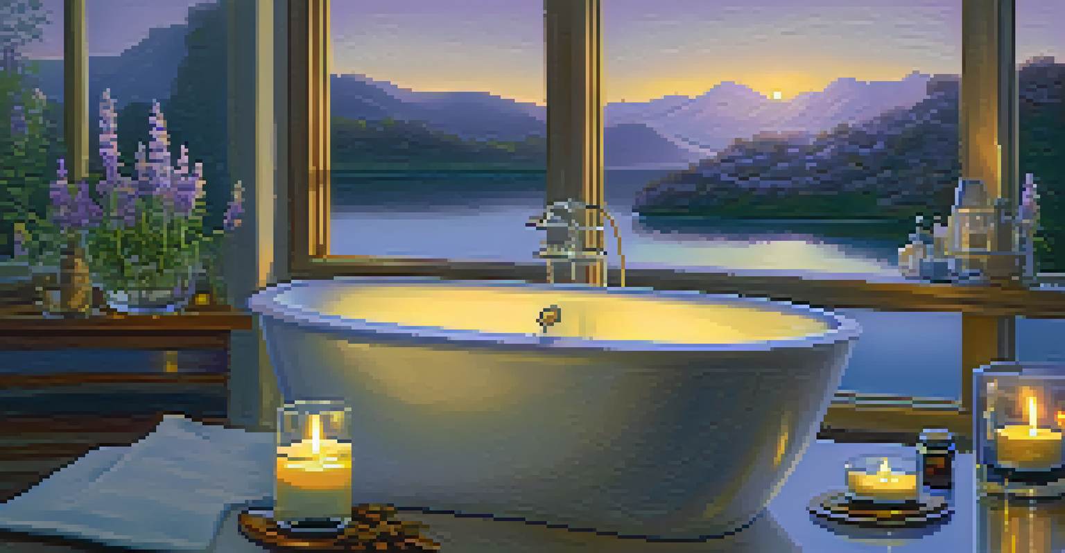 A relaxing bath scene with lavender flowers, essential oil bottles, and candlelight creating a calming ambiance.