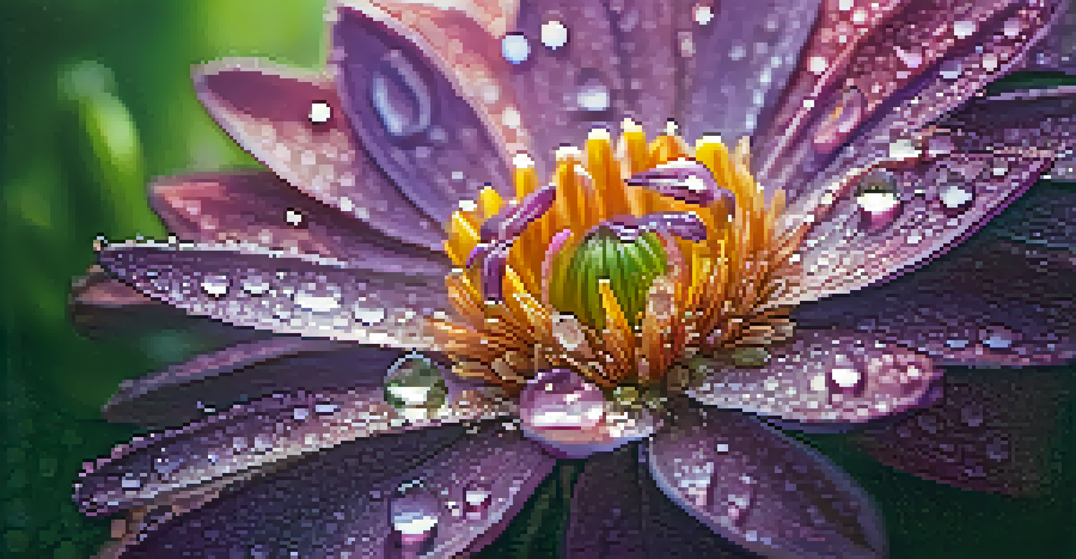 A close-up of a vibrant flower with dew drops, showcasing its rich purple and pink petals against a softly blurred green background.