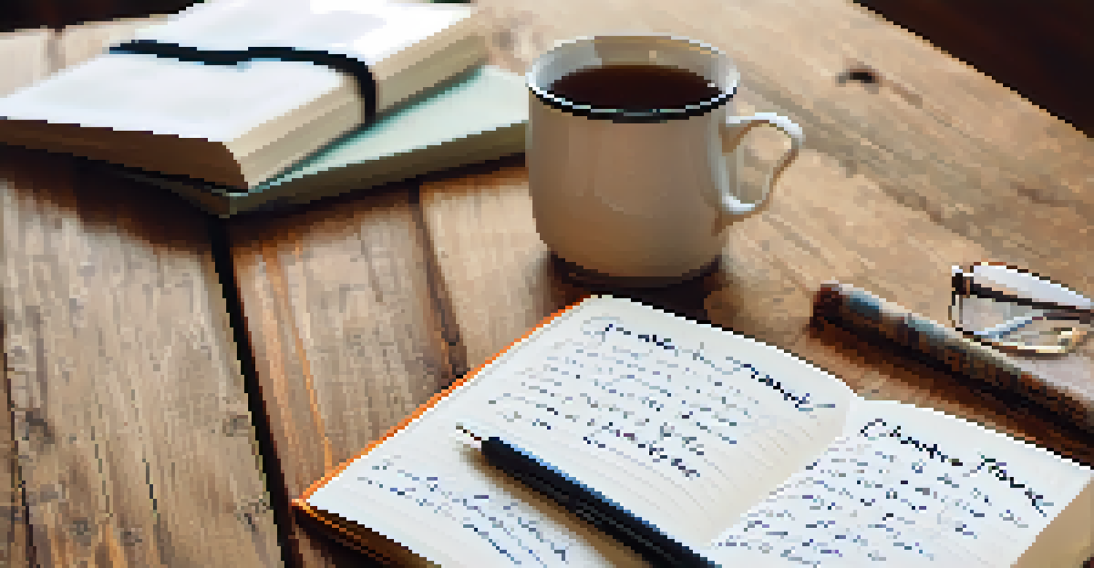 A gratitude journal open on a wooden desk with a list of thankful items, a cup of tea, and a cozy blanket in the background.