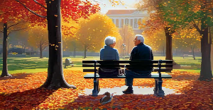 An older couple sitting on a bench in a park during autumn, surrounded by colorful leaves and flowers, with sunlight filtering through the trees.