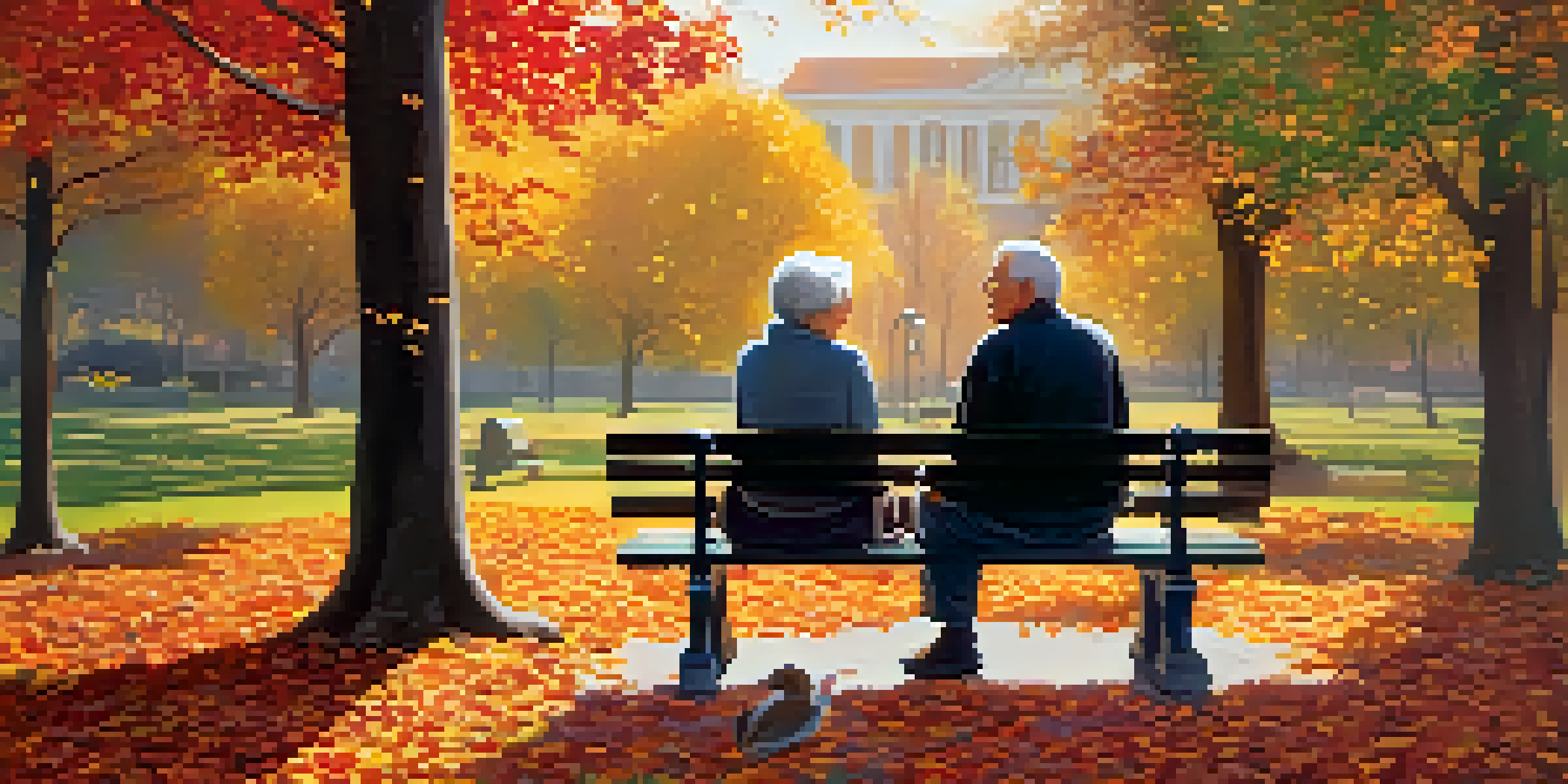 An older couple sitting on a bench in a park during autumn, surrounded by colorful leaves and flowers, with sunlight filtering through the trees.