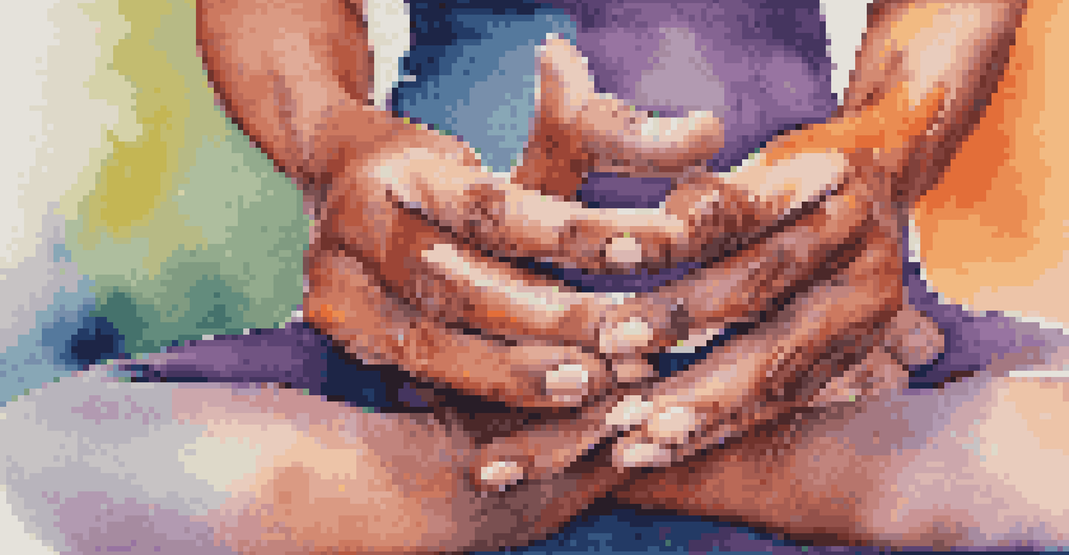A close-up of a person's hands in a yoga pose on a colorful mat, focusing on the textures of the skin and the gesture of peace.