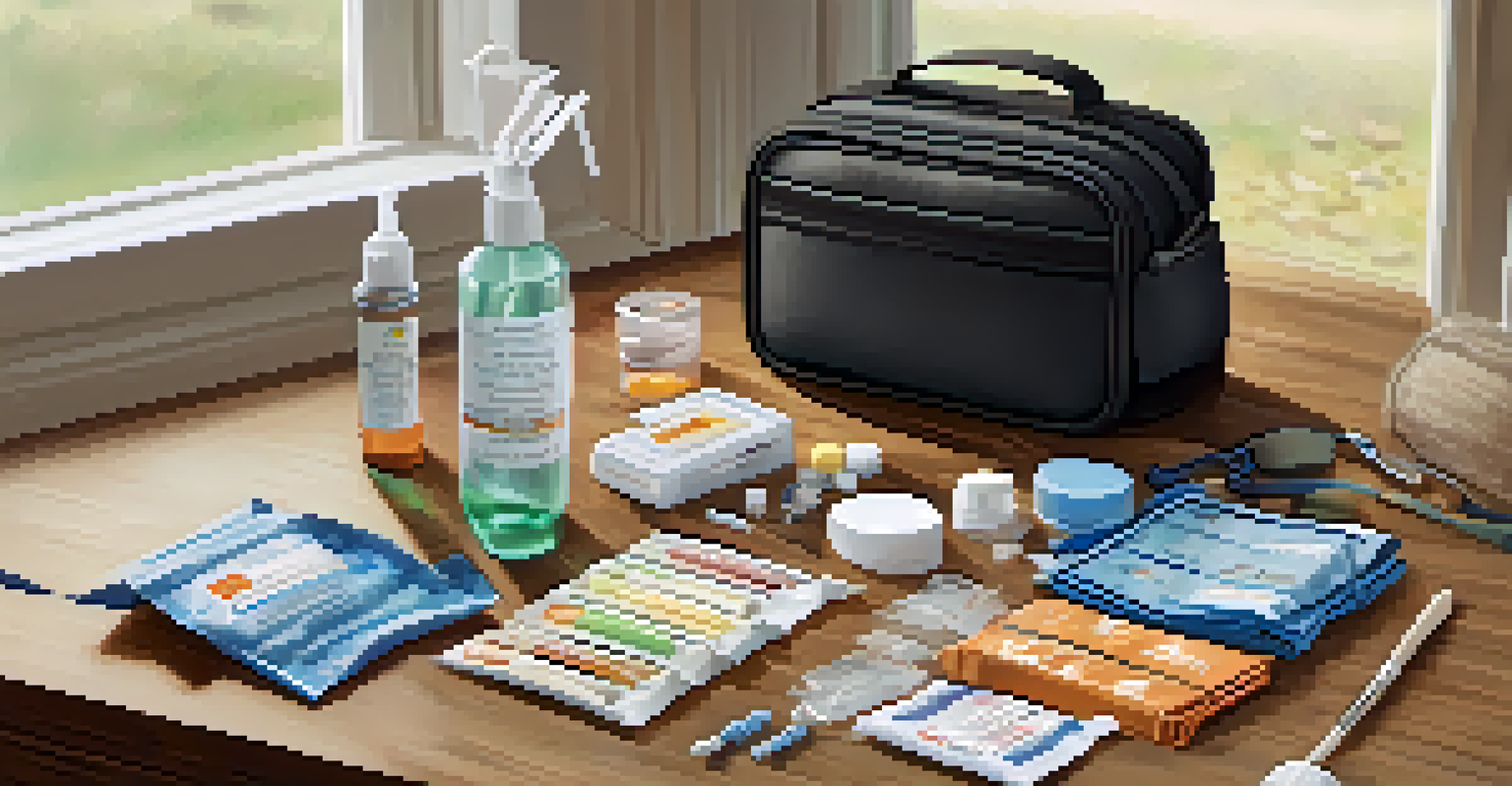 An organized travel health kit on a wooden table, showing various essential health items arranged neatly in a waterproof bag.