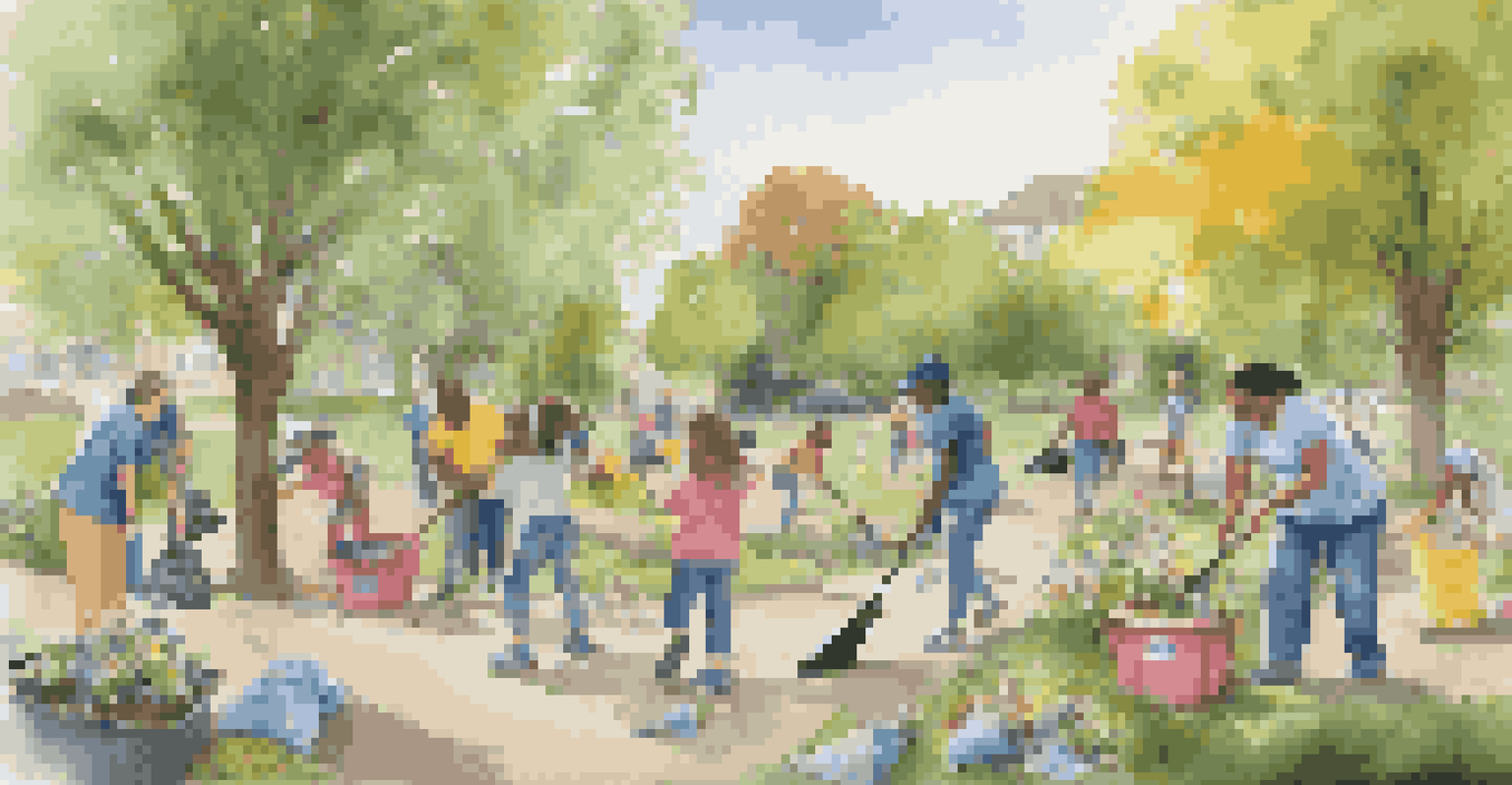 A neighborhood cleanup event with families and children happily picking up litter in a park, surrounded by greenery and flowers, showcasing community spirit.