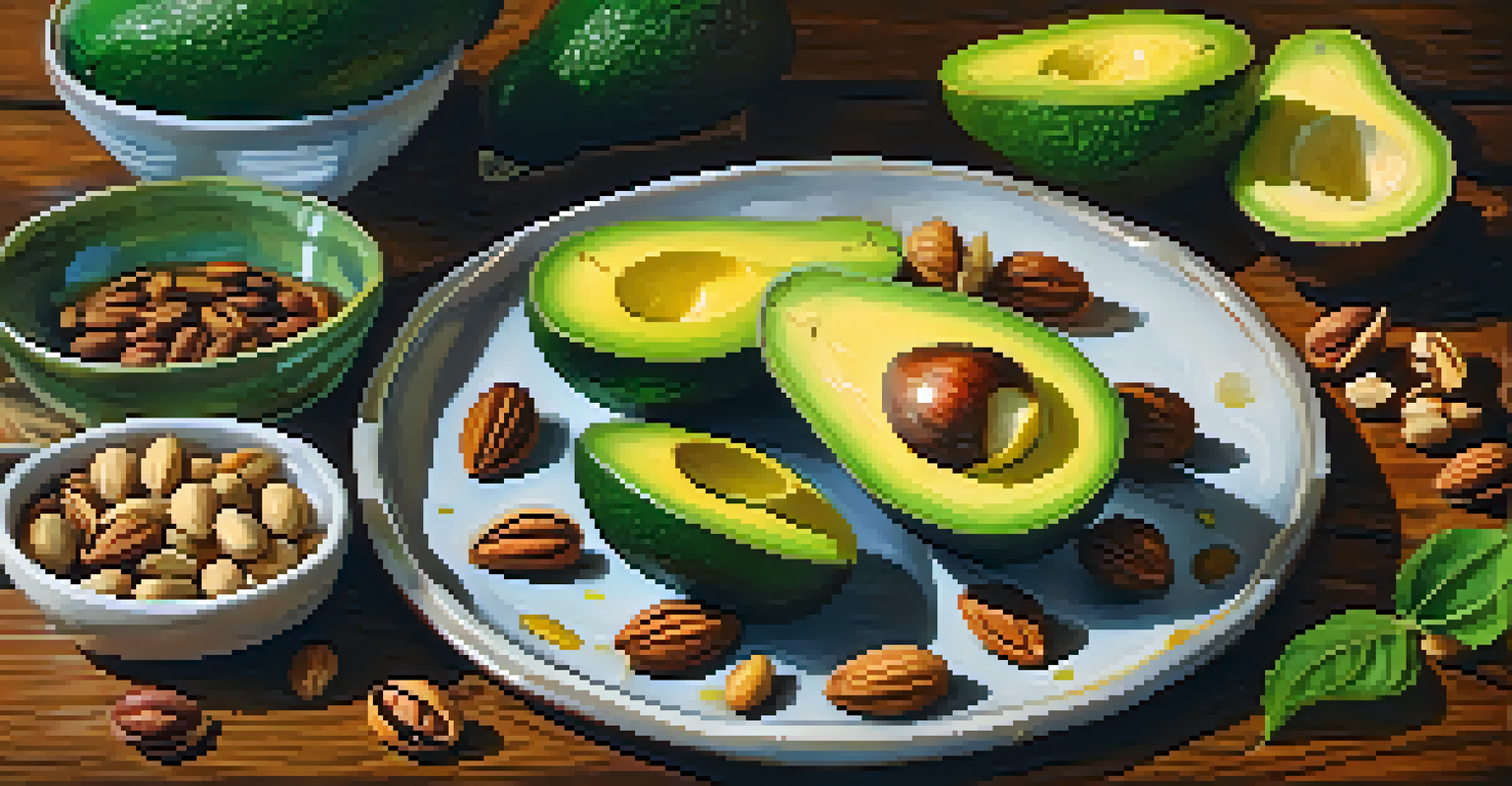 A detailed view of a plate filled with healthy fats, including avocados, nuts, and olive oil, on a wooden table.
