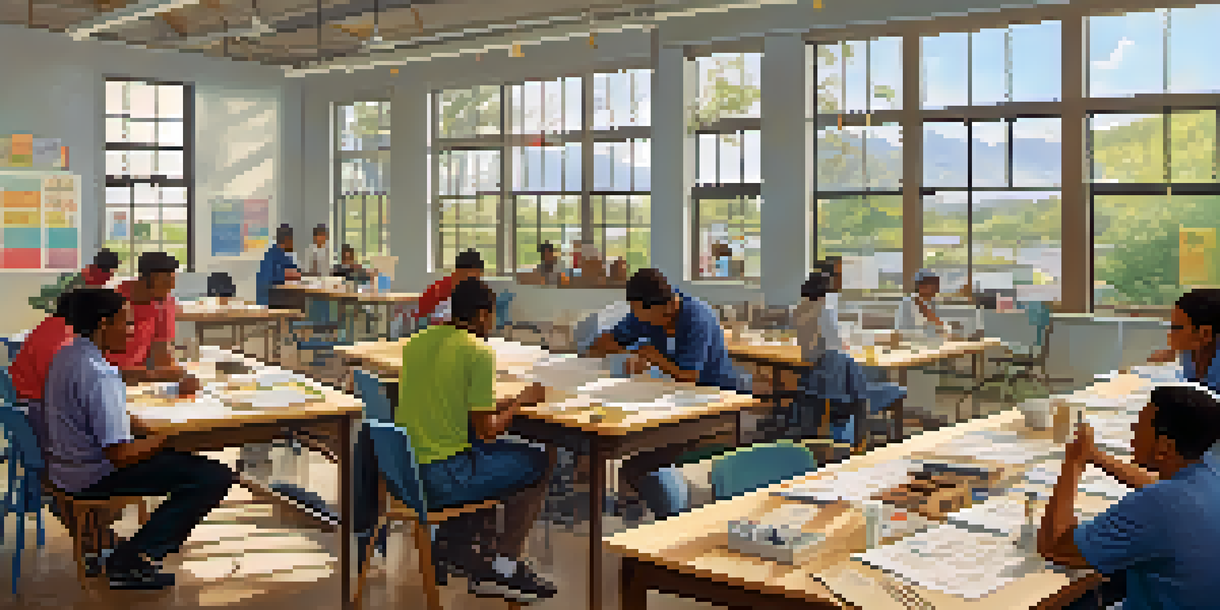 A bright community center with diverse individuals participating in a job training workshop, collaborating at tables with materials and motivational posters on the walls.