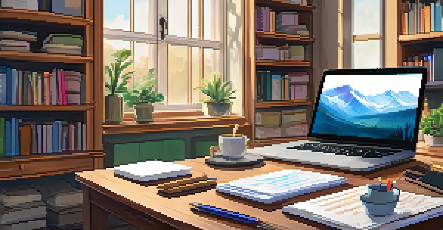 An organized workspace with a laptop, stationery, and a notepad listing goals, illuminated by natural light.