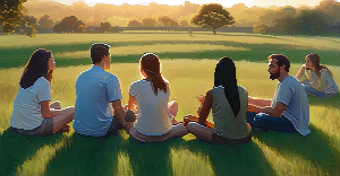 A group of diverse individuals sitting in a circle on a grassy field, engaged in a supportive conversation about mental health during sunset.