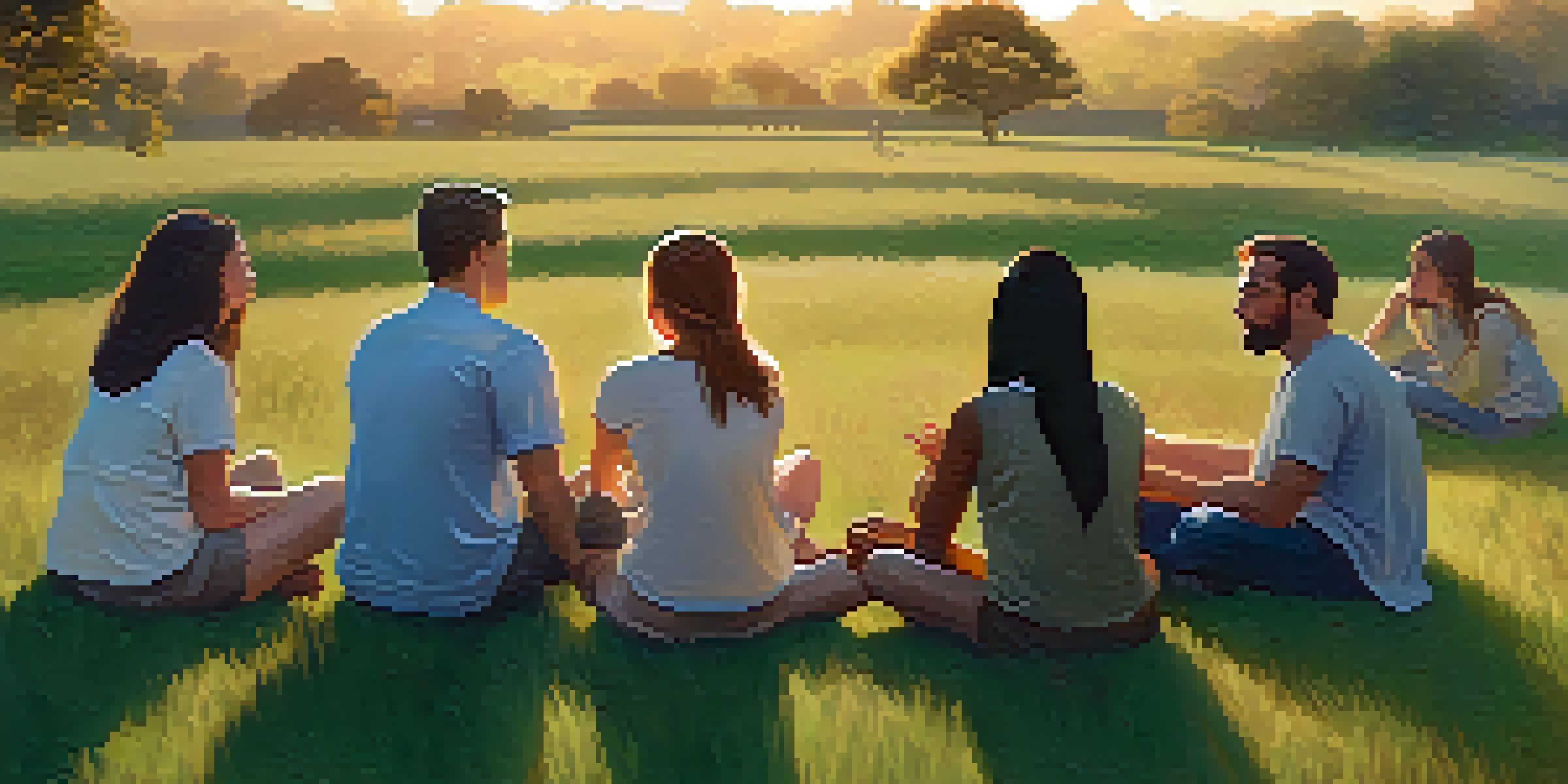 A group of diverse individuals sitting in a circle on a grassy field, engaged in a supportive conversation about mental health during sunset.