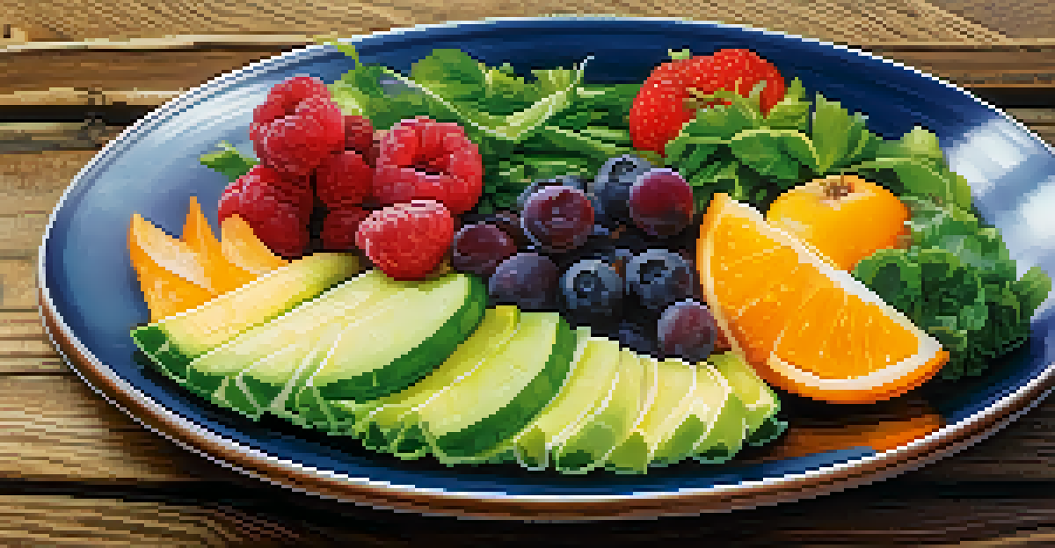A colorful plate of fresh fruits, vegetables, and whole grains on a wooden table, representing healthy eating.