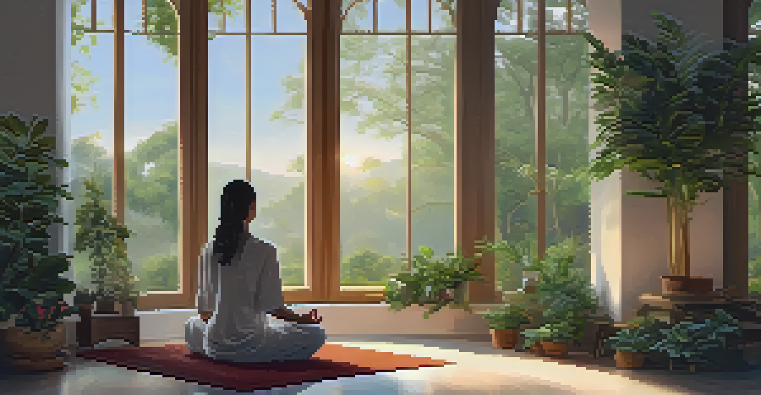A tranquil meditation space with a person meditating on a mat, surrounded by candles and plants, illuminated by soft light.