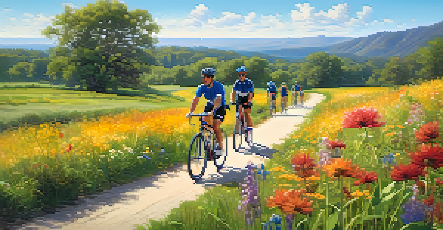 A group of friends cycling along a scenic trail amidst blooming wildflowers and tall grass, showcasing the joy of outdoor exercise.
