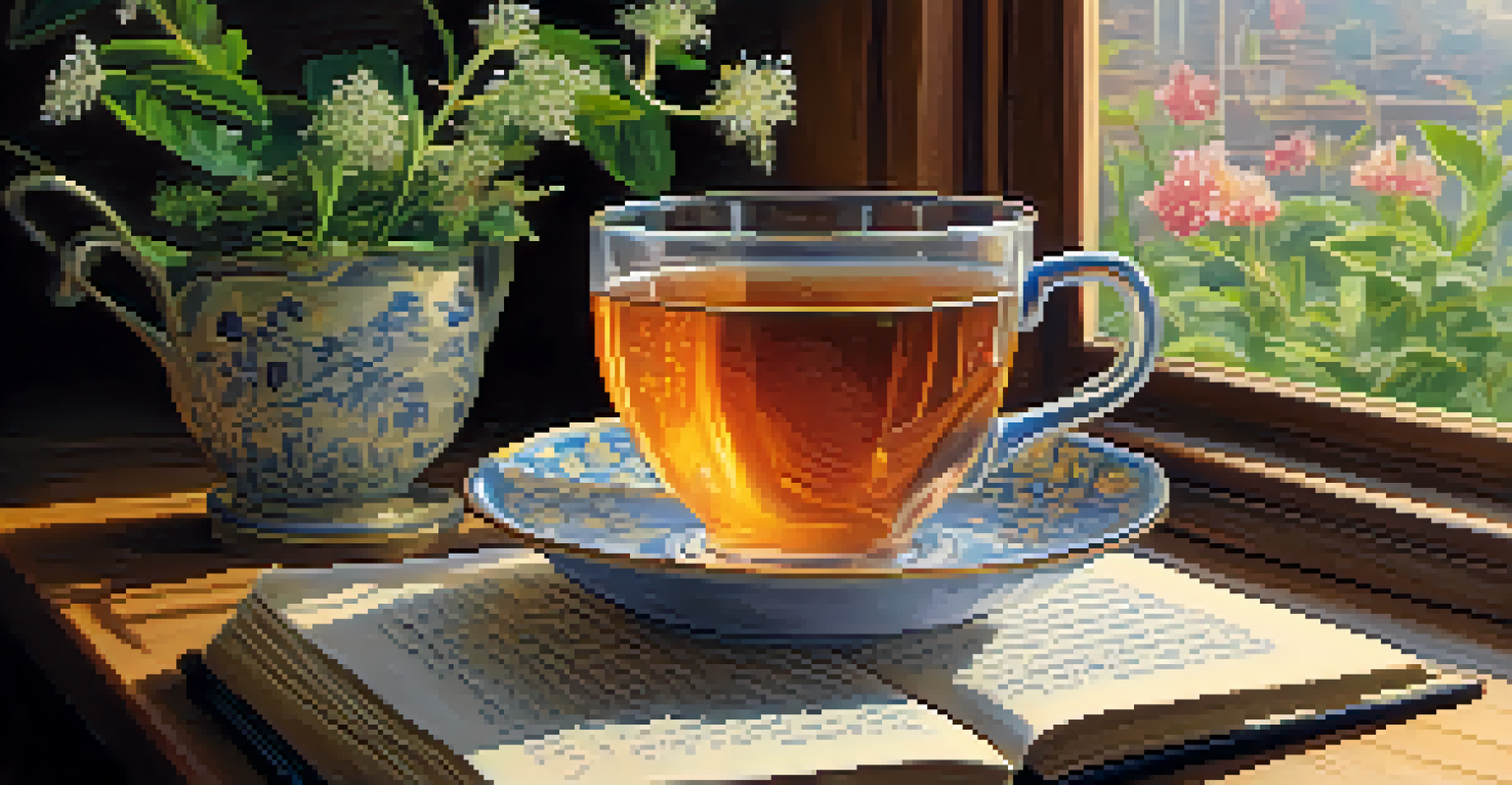 A close-up of a cup of herbal tea on a wooden table with an open book and a small plant beside it.