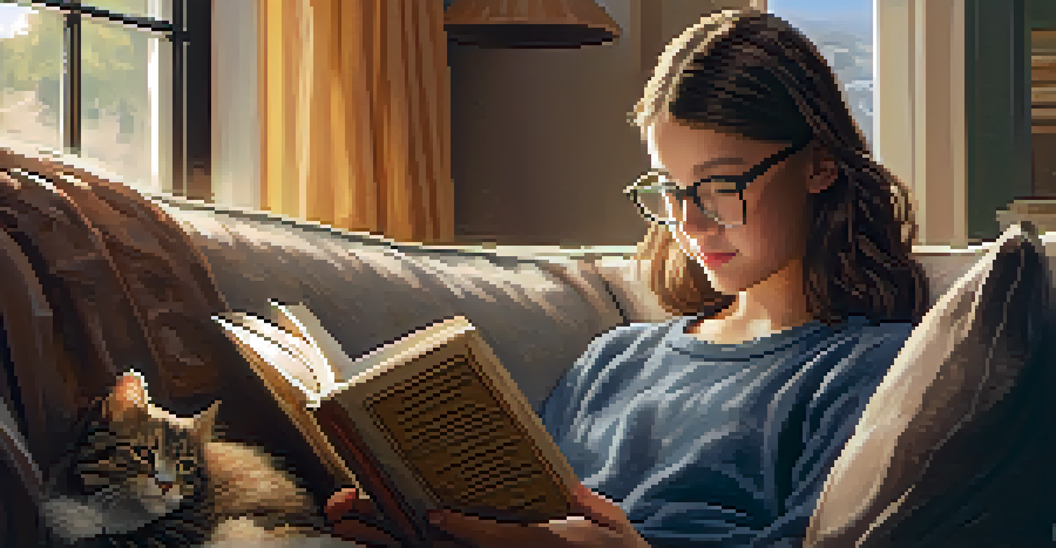 A teenager pets a fluffy cat while reading on a couch in a warm, cozy indoor setting, displaying comfort and connection.