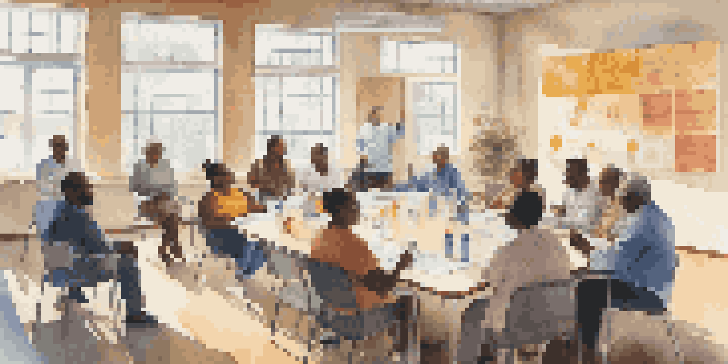 A diverse group of community members and health professionals engaged in a health meeting around a large table filled with resources, bathed in sunlight.