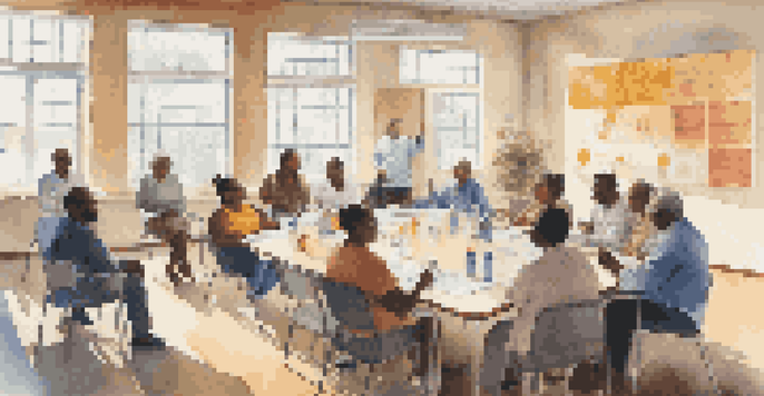 A diverse group of community members and health professionals engaged in a health meeting around a large table filled with resources, bathed in sunlight.