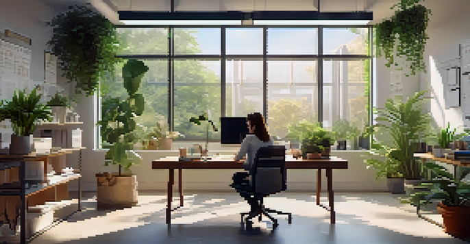 An employee working comfortably at a desk in a bright, plant-filled office with motivational artwork on the walls.