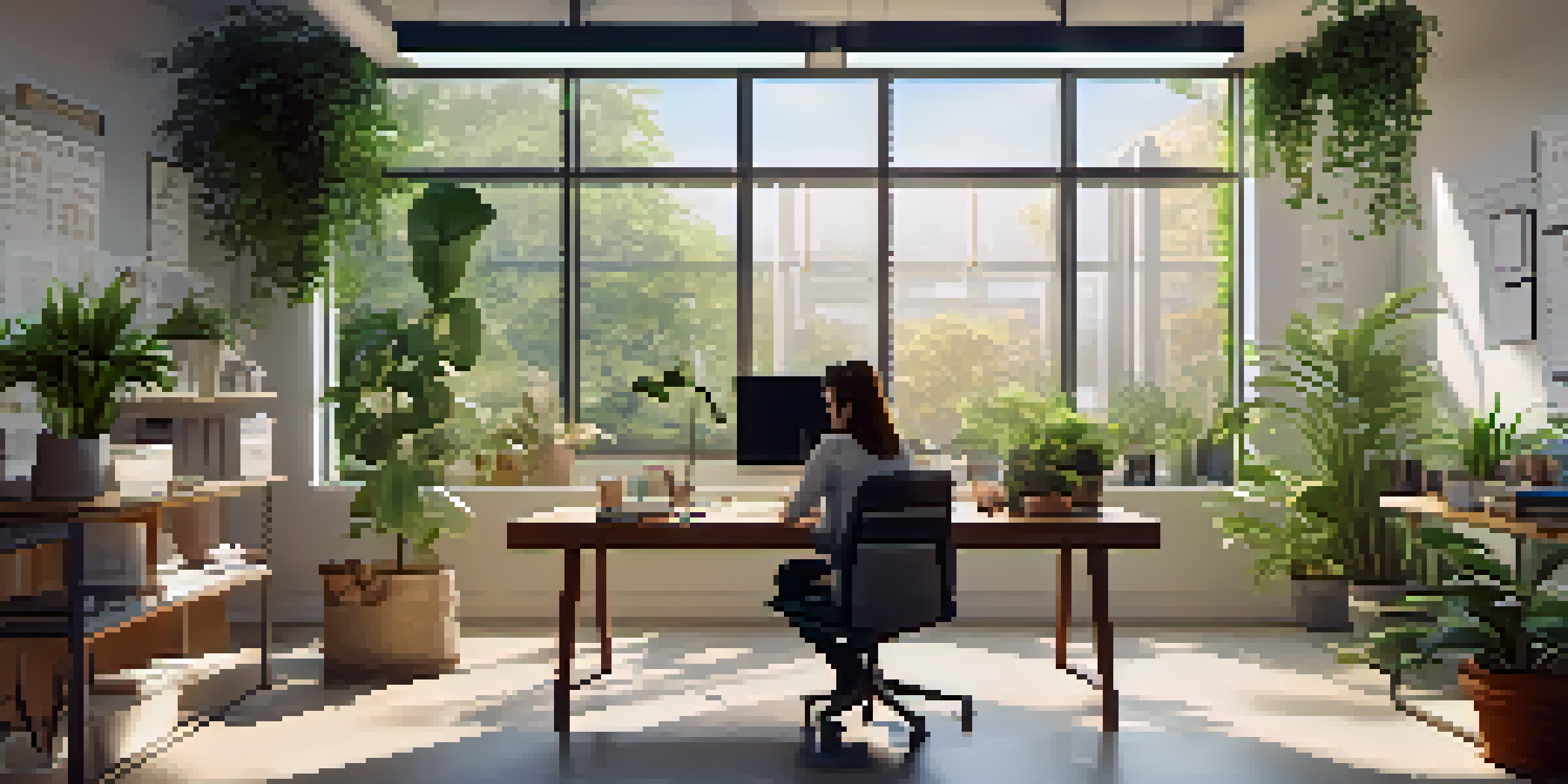 An employee working comfortably at a desk in a bright, plant-filled office with motivational artwork on the walls.