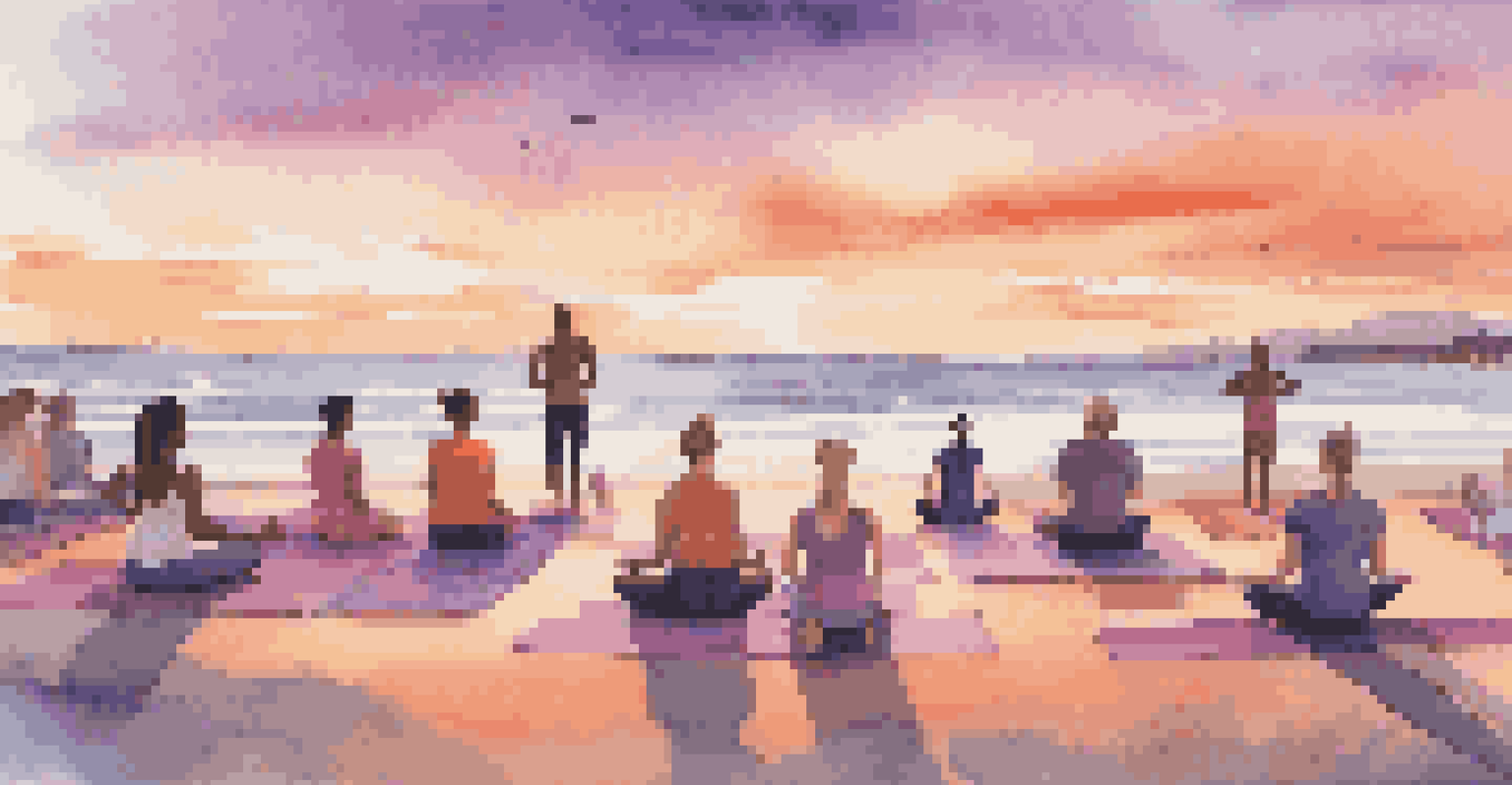 A group of people practicing yoga on a beach at sunset with colorful mats and a vibrant sky.