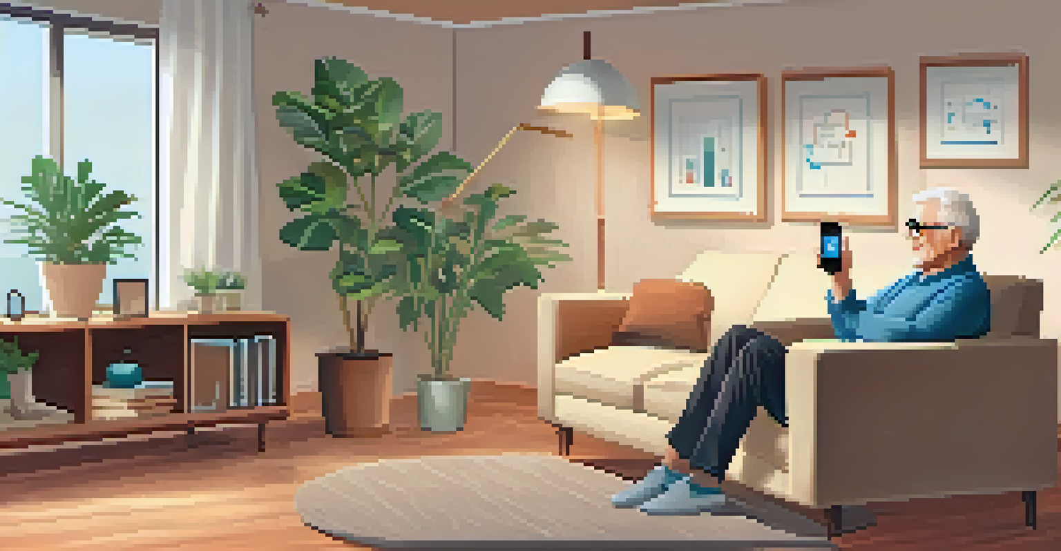 An elderly man in a cozy living room checking health metrics on his smartwatch and smartphone.