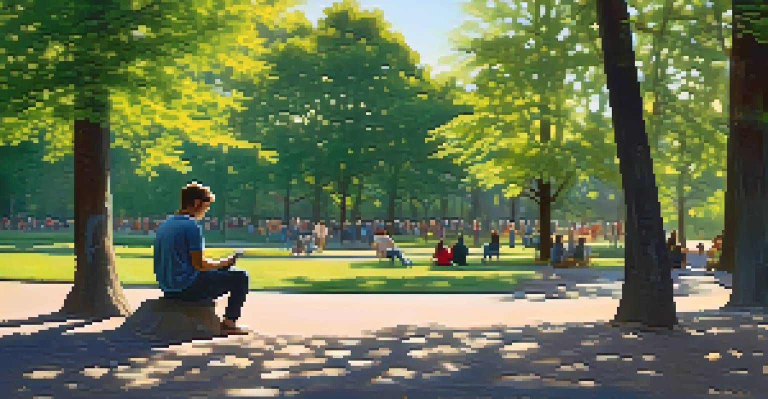 A person in a park, looking at others socializing while holding a smartphone, highlighting the contrast between online and offline connections.