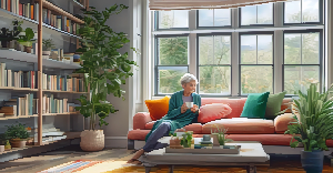 A middle-aged woman sitting in a cozy living room, enjoying a cup of herbal tea, surrounded by plants and books.