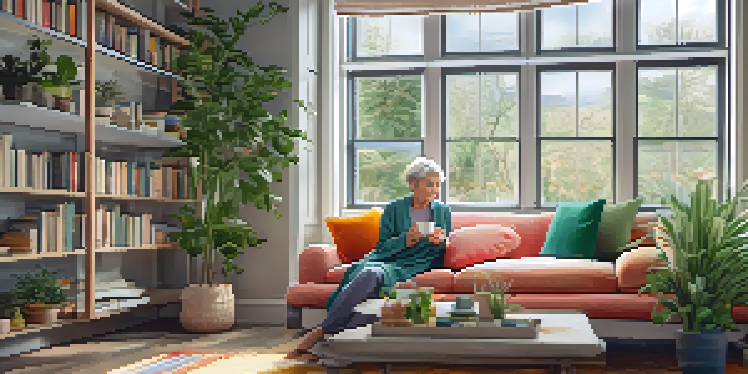 A middle-aged woman sitting in a cozy living room, enjoying a cup of herbal tea, surrounded by plants and books.