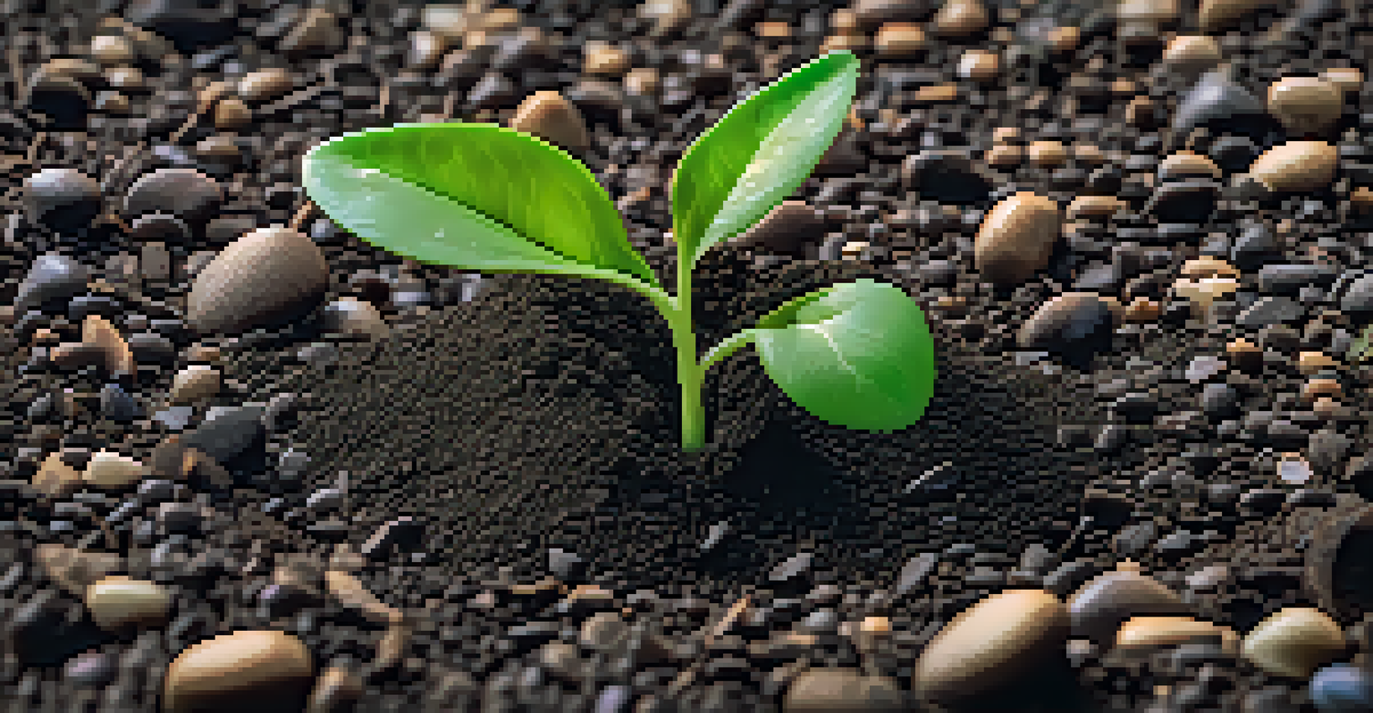 A seedling breaking through dark soil, surrounded by pebbles, symbolizing growth and new beginnings.