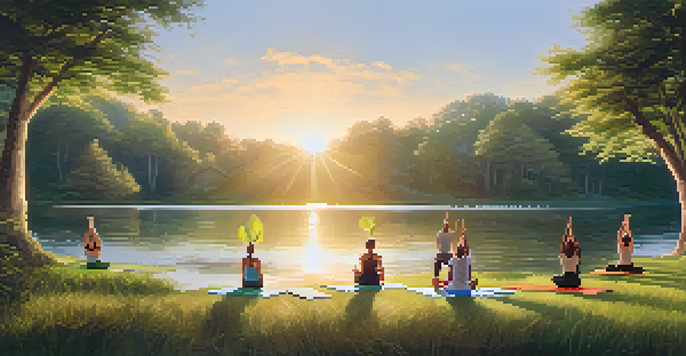 Participants practicing yoga by a calm lake at sunrise, with trees and a soft golden light in the background.