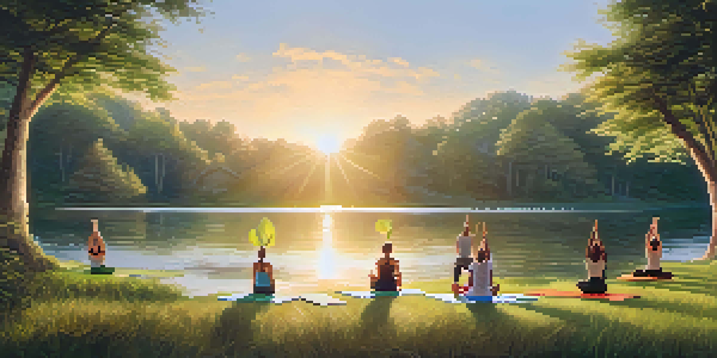 Participants practicing yoga by a calm lake at sunrise, with trees and a soft golden light in the background.