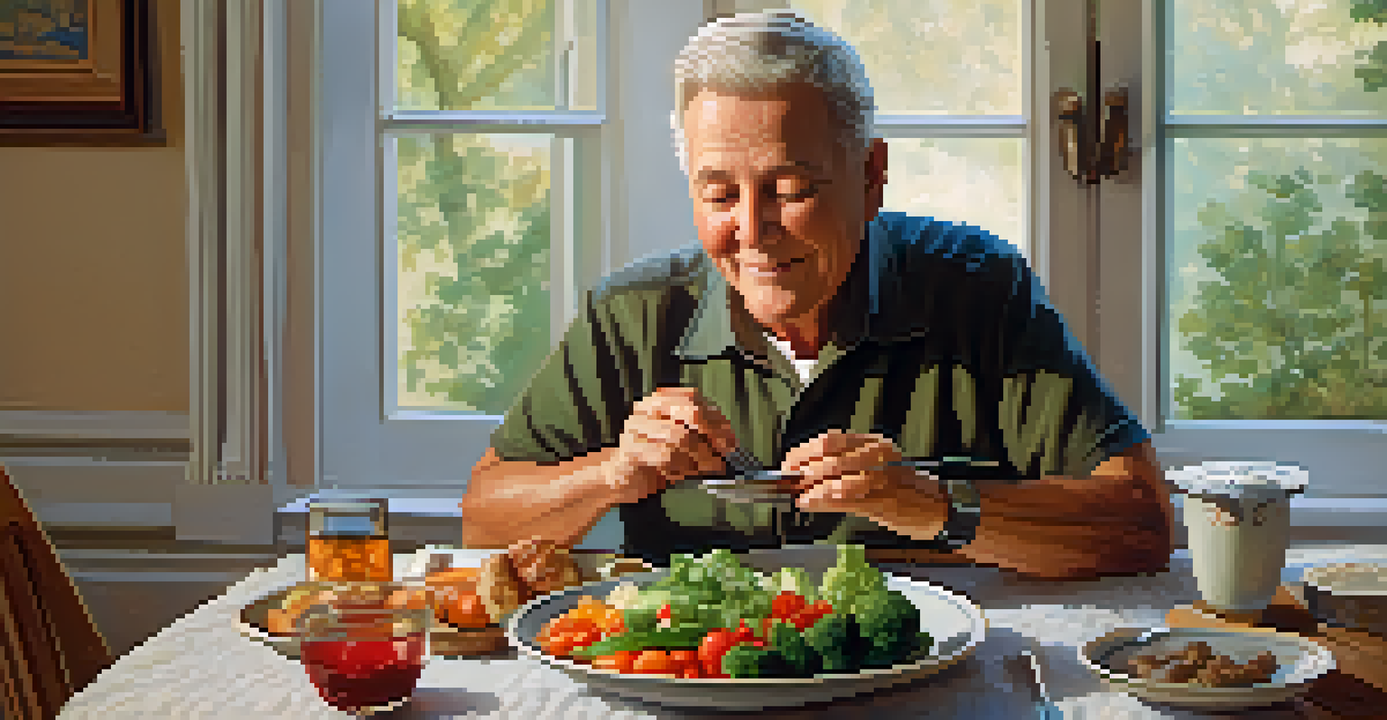 An older adult enjoying a meal mindfully at a dining table, surrounded by healthy food and warm lighting.