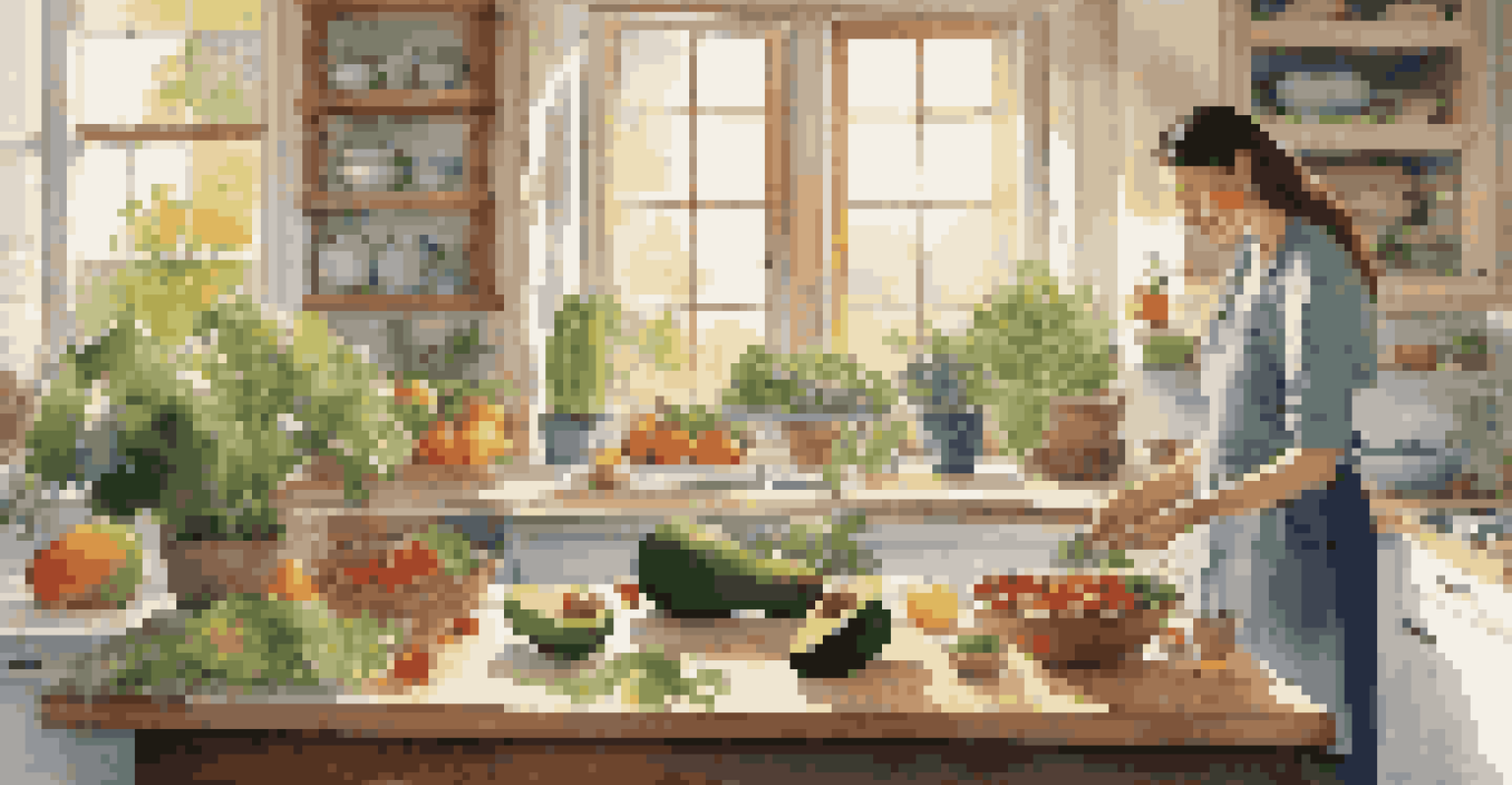 A person cooking in a bright kitchen, surrounded by fresh fruits and vegetables like avocados and berries, with sunlight streaming in from the window.