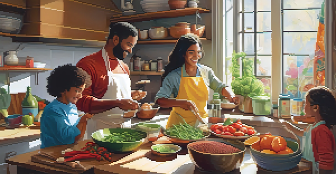 A diverse family joyfully cooking together in a bright kitchen, surrounded by colorful ingredients for cultural dishes.