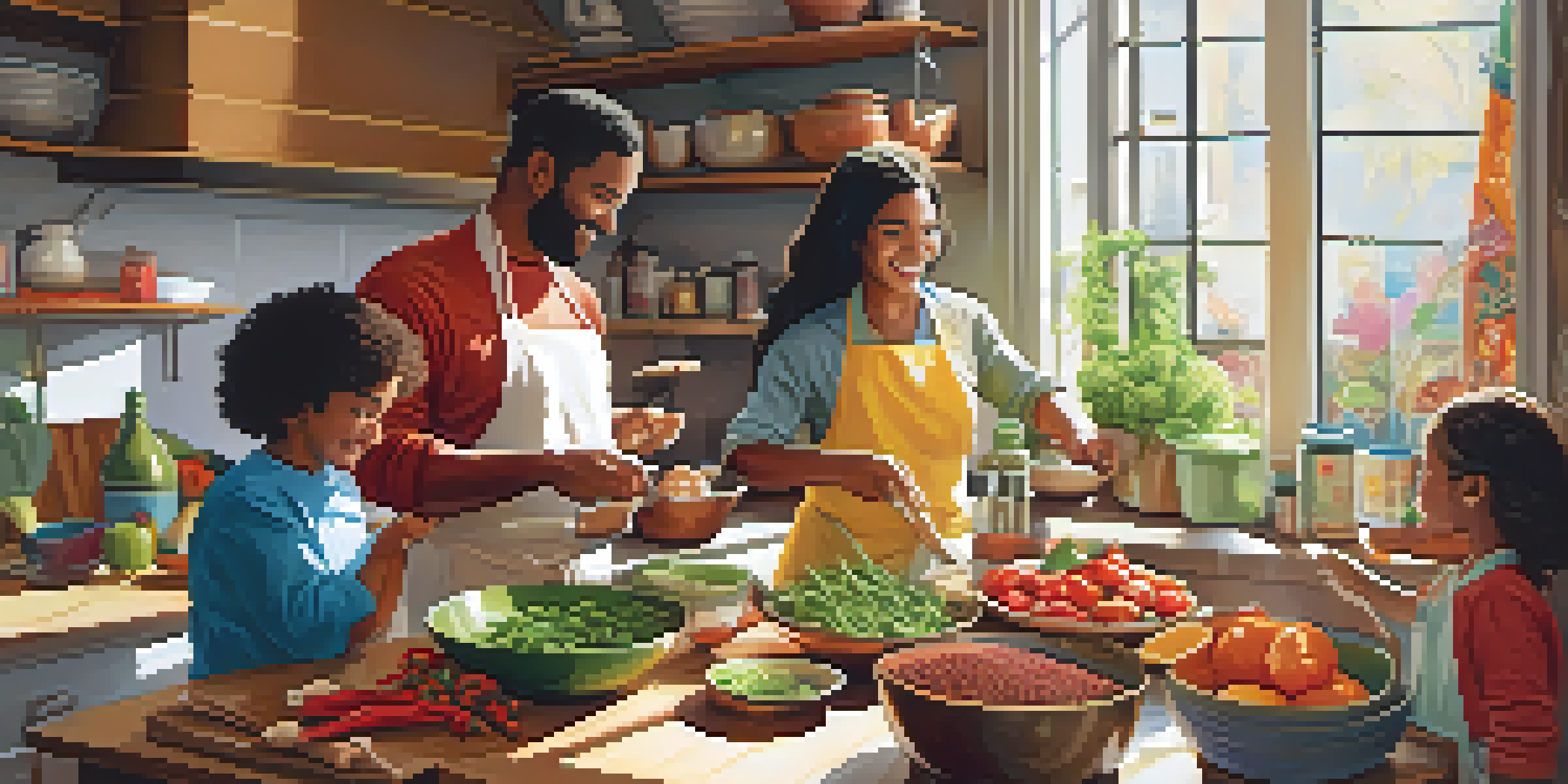 A diverse family joyfully cooking together in a bright kitchen, surrounded by colorful ingredients for cultural dishes.