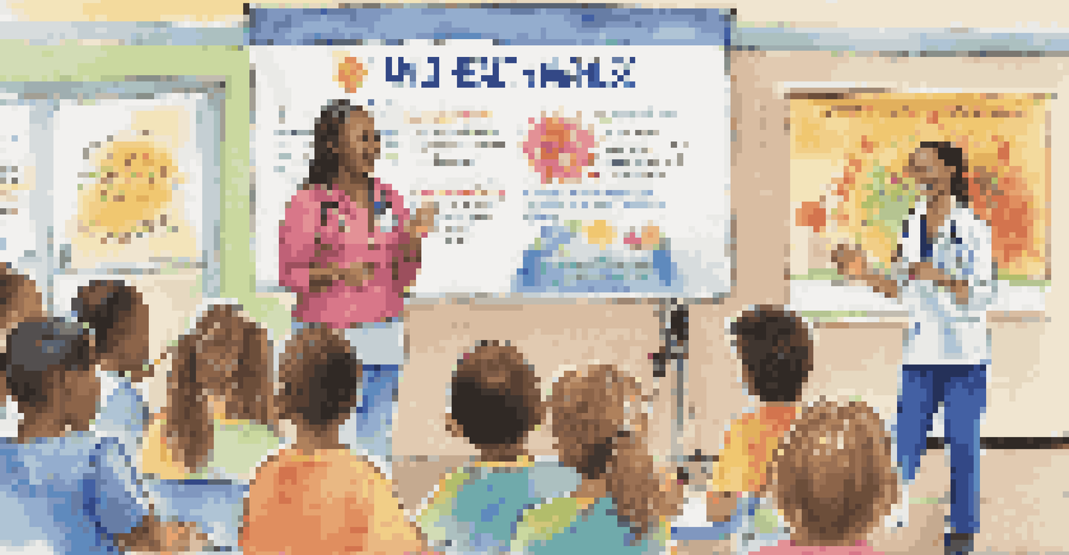 A healthcare professional presenting at a school health fair, engaging with families and distributing health awareness brochures.