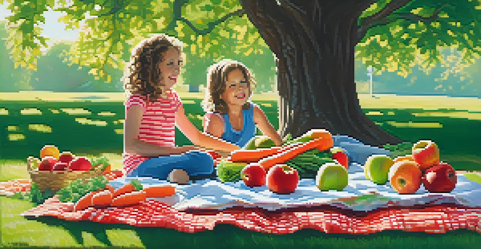 A family enjoying fresh fruits and vegetables in a sunny park, highlighting healthy eating.
