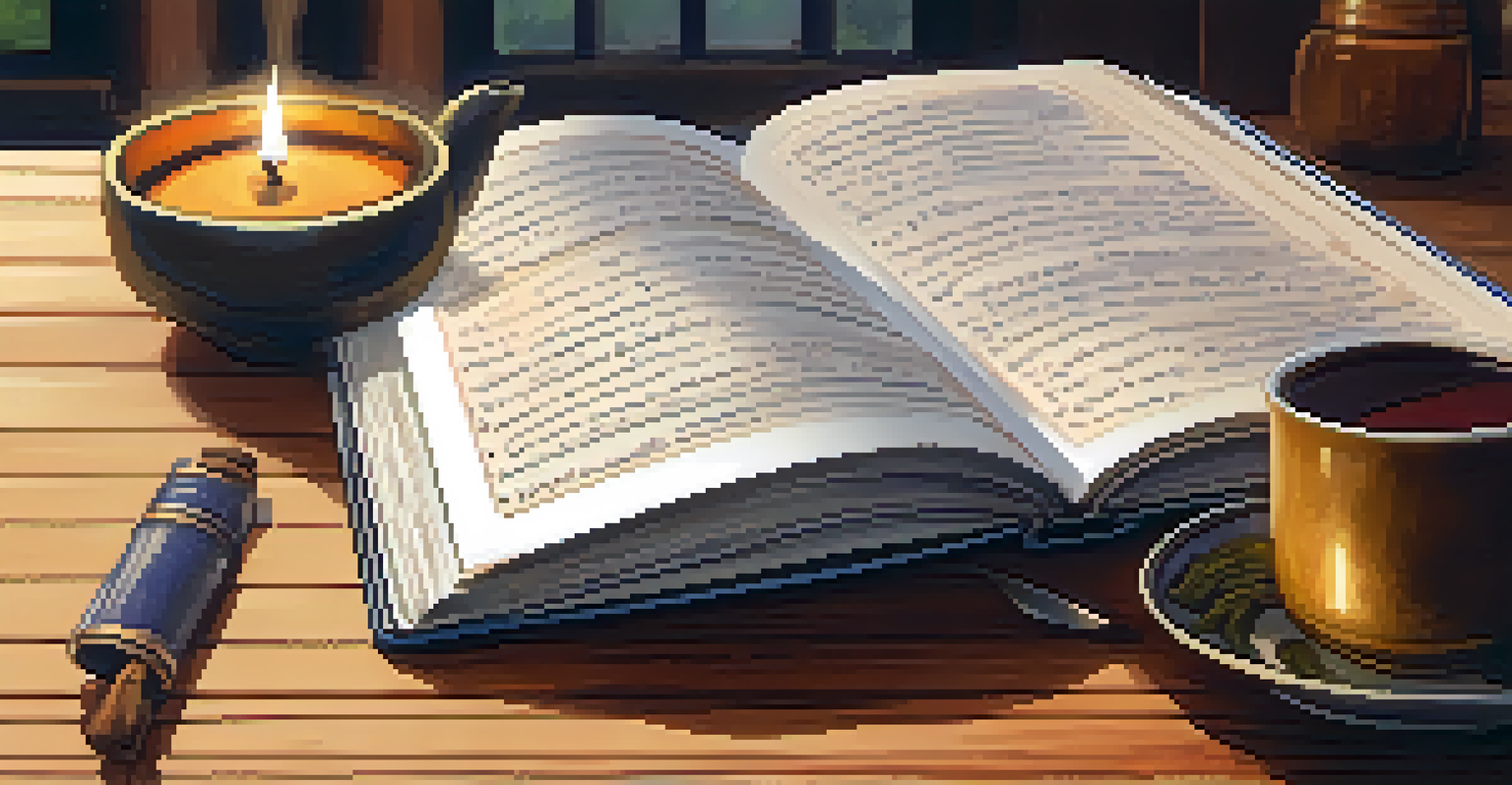 A close-up of an open journal with notes on mindfulness, accompanied by a cup of tea and a candle on a table.