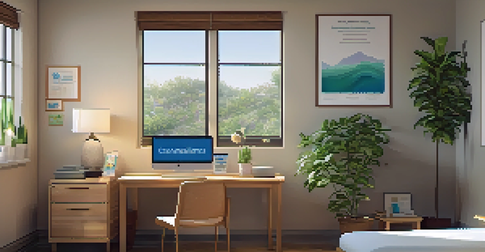 A cozy healthcare consultation room with a desk, laptop, and educational posters, illuminated by natural sunlight.