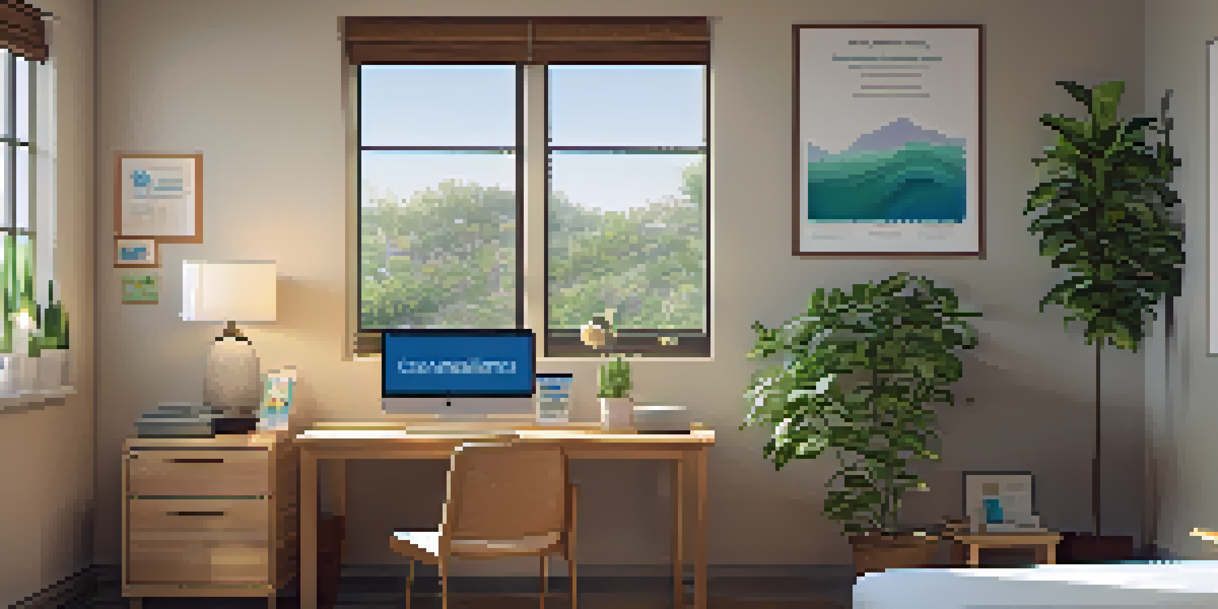 A cozy healthcare consultation room with a desk, laptop, and educational posters, illuminated by natural sunlight.