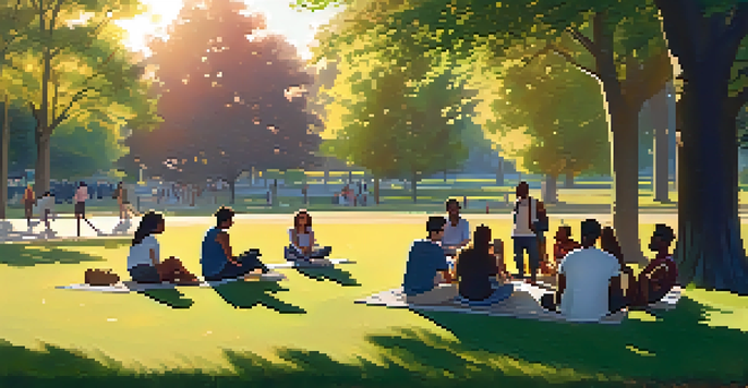 A diverse group of young people sitting in a park, discussing mental health in a supportive atmosphere during golden hour.