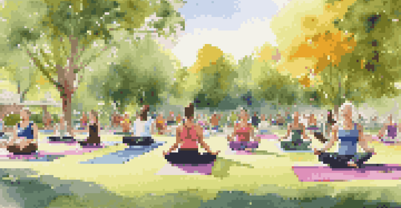 A diverse group of people participating in a yoga class in a sunny park.